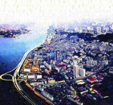 沿海都市油画图片