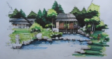 日式园林手绘图片